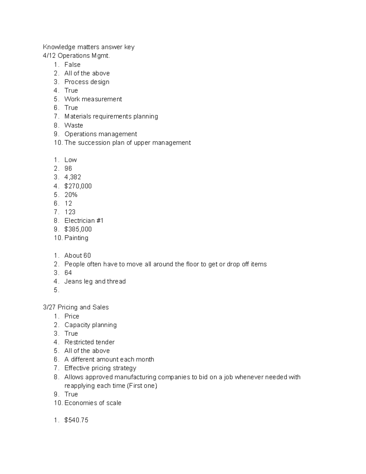 Bus. Mngment 4/12 Operations & 3/27 Pricing Answer Key - Studocu