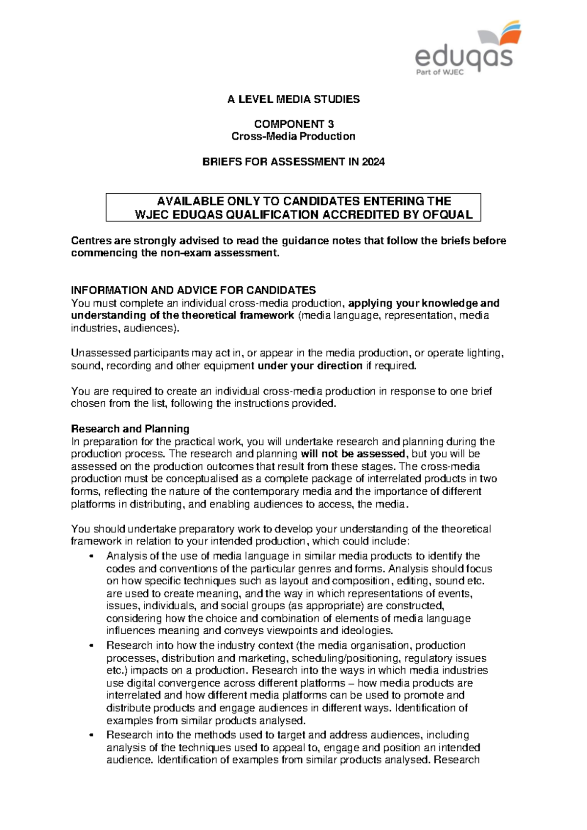 A680U30-1 Eduqas A Level Media Studies NEA Briefs for 2024 Submission ...