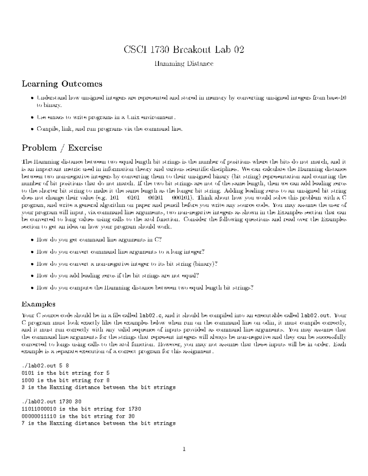CSCI 1730 Breakout Lab 02: Hamming Distance Calculation Guide - Studocu