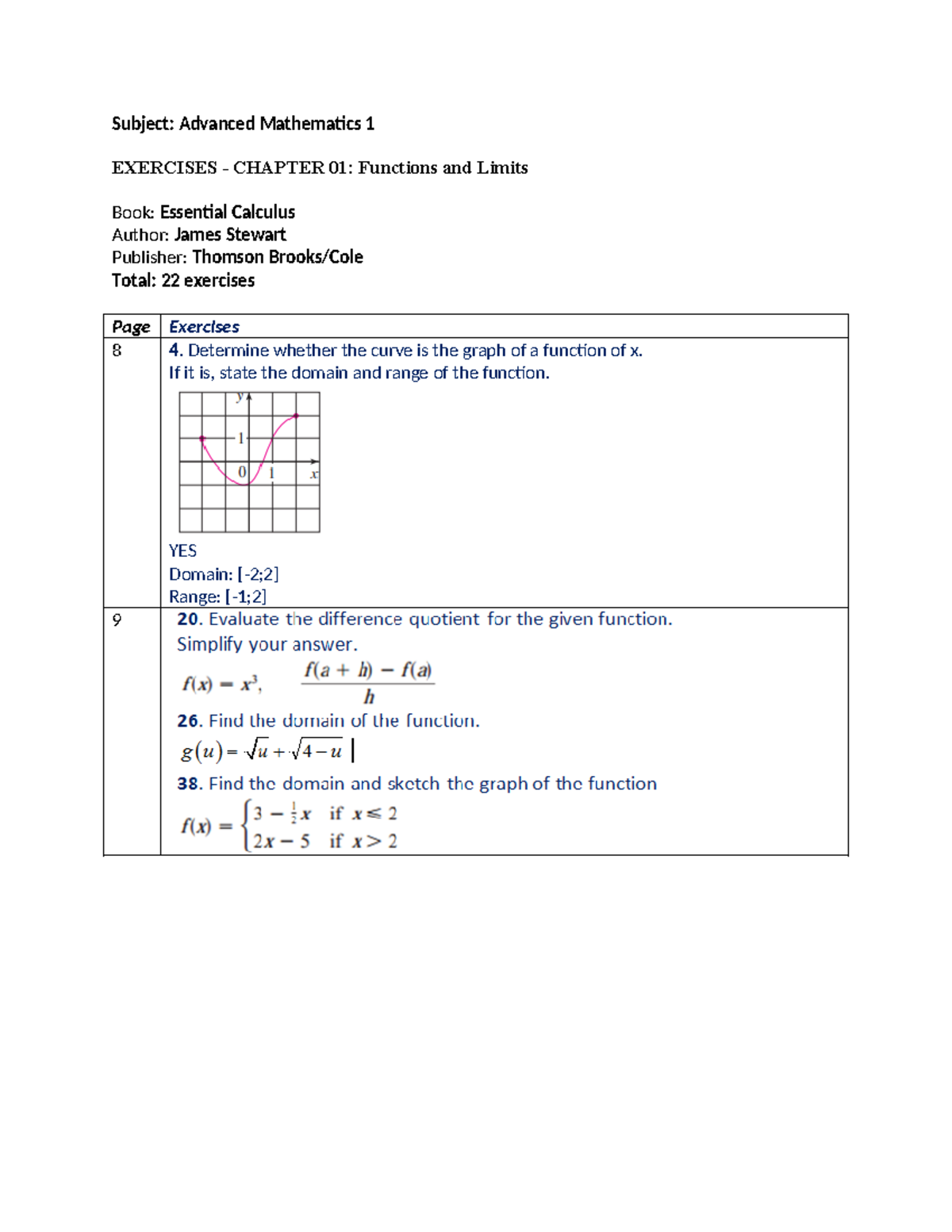 V1 Exercises-Chapter 1+2 - Subject: Advanced Mathematics 1 EXERCISES ...