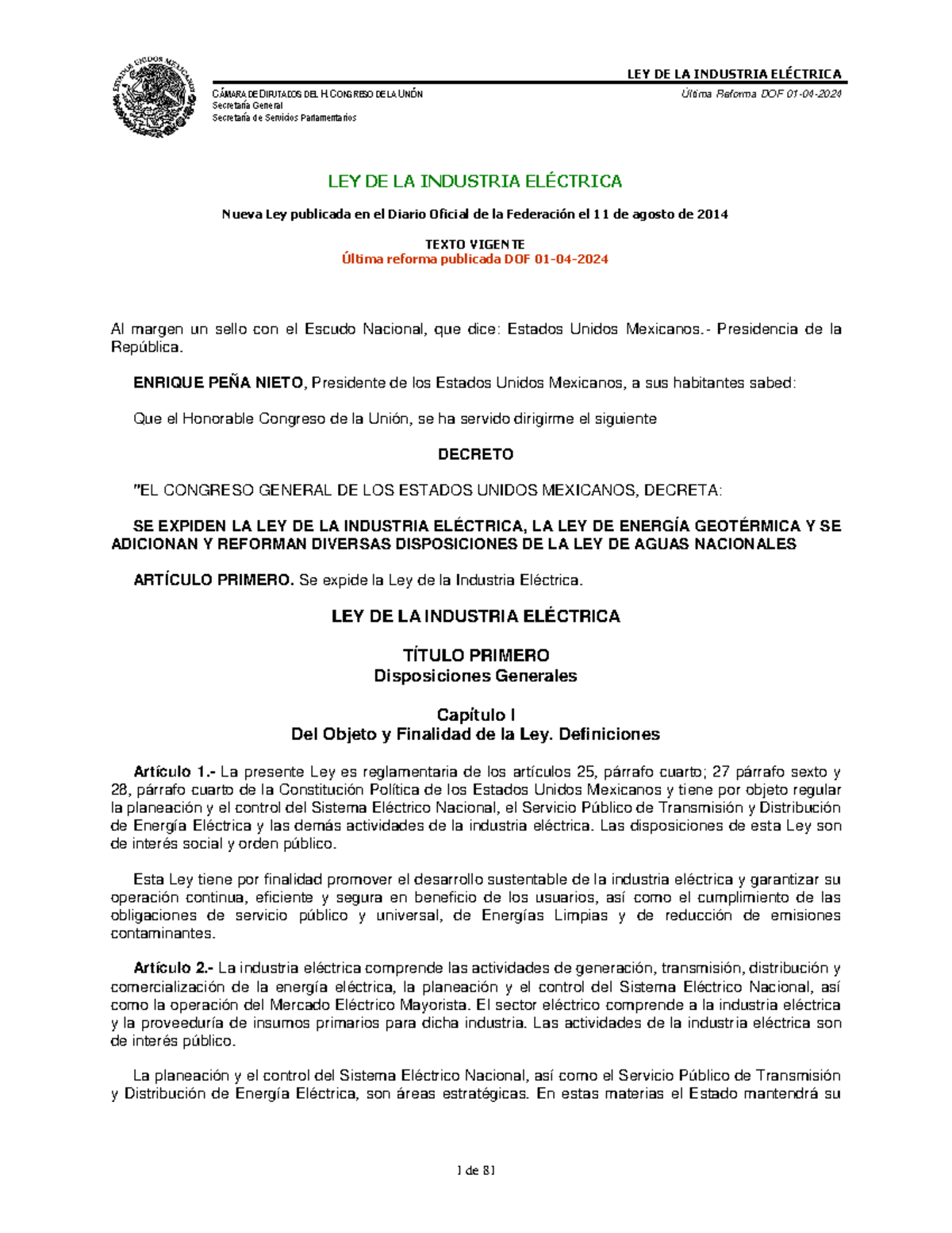 Ley de la Industria Eléctrica: Texto Vigente y Última Reforma DOF - Studocu