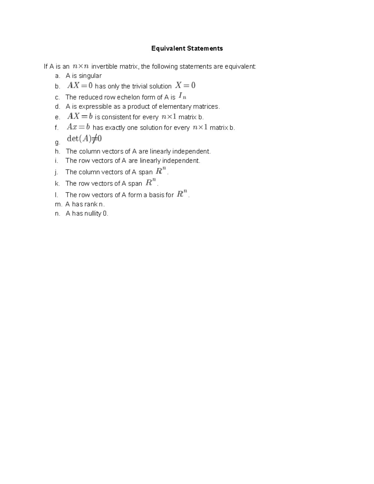 Linear Algebra Notes (MATH 201): Equivalent Statements and Vector ...