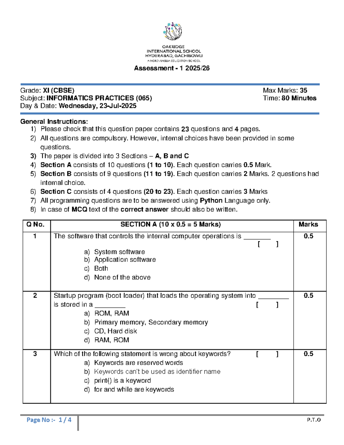 Grade XI INFORMATICS PRACTICES (065) Assessment 1 Question Paper - Studocu