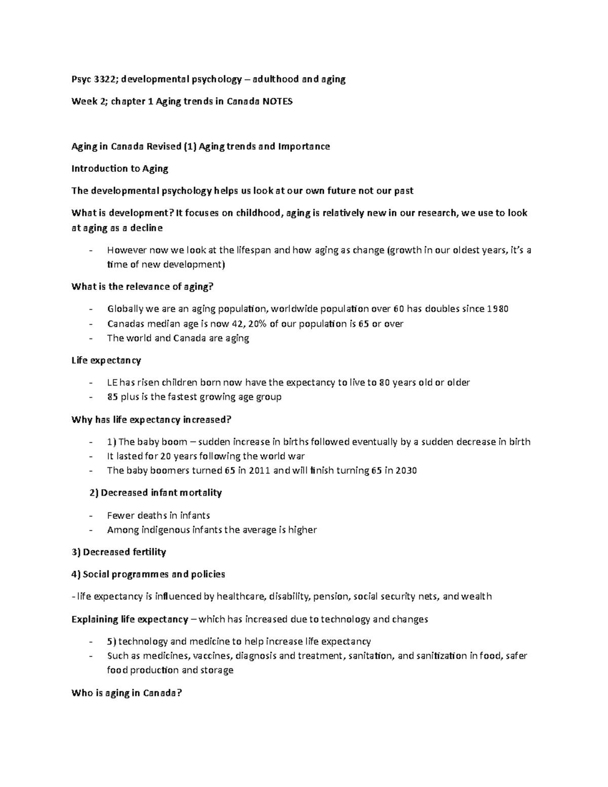 Psyc 3322 Week 2 Chapter 1 Aging Trends in Canada Notes - Studocu