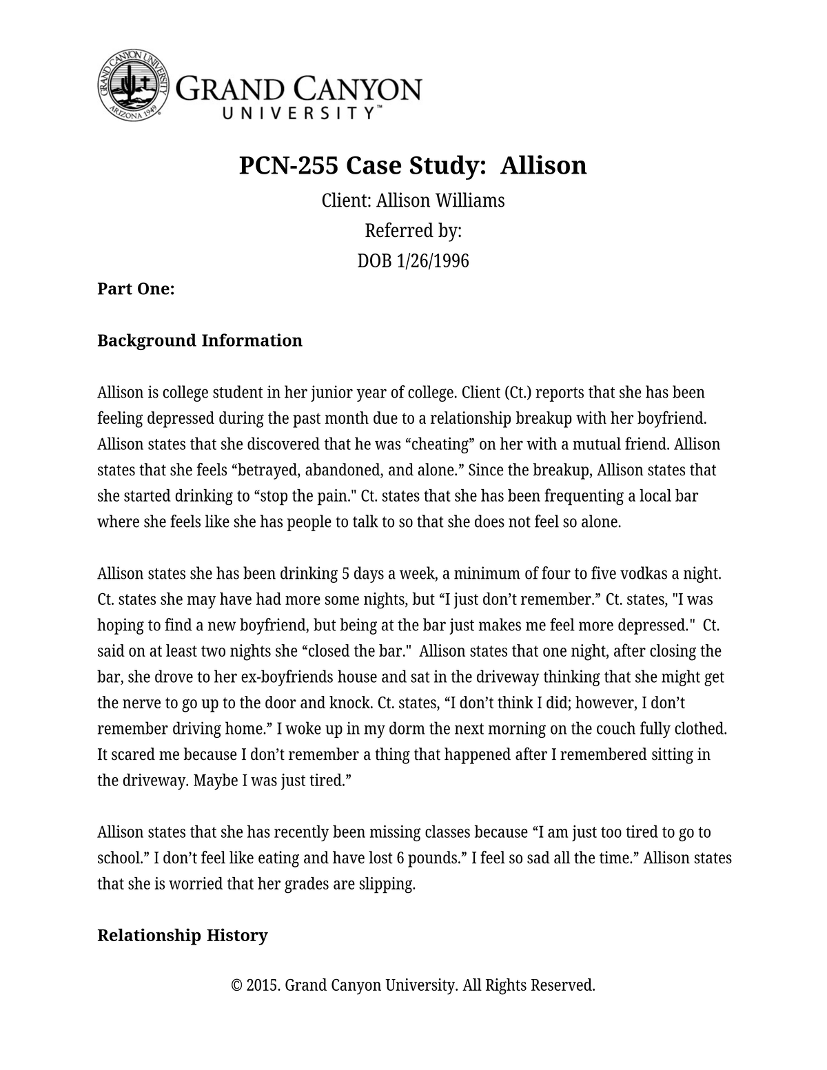 Case Study: Allison Williams - Mental Health & Substance Abuse PCN255.R ...
