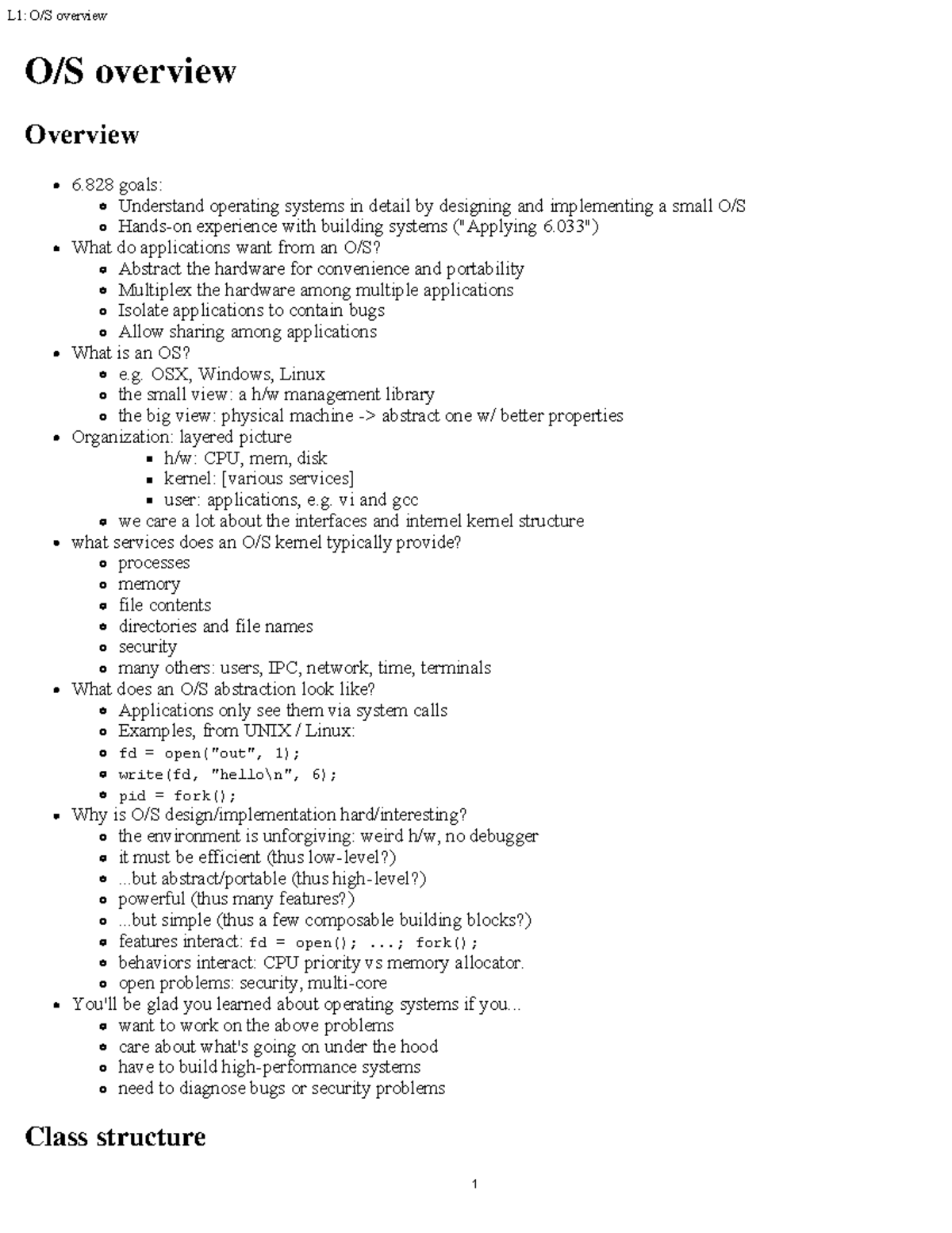 MIT 6.828 F12 Lecture 1 Notes: Overview of Operating Systems - Studocu