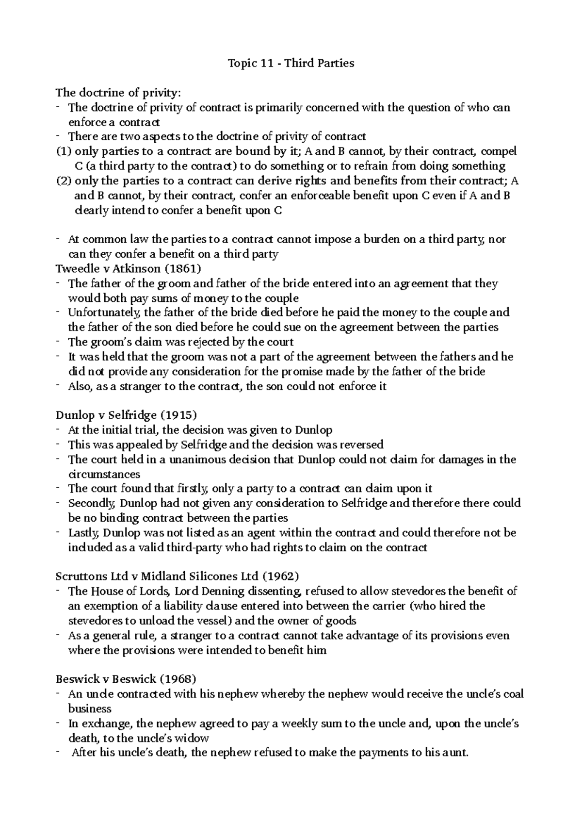 Topic 11: Understanding the Doctrine of Privity and Third Parties - Studocu