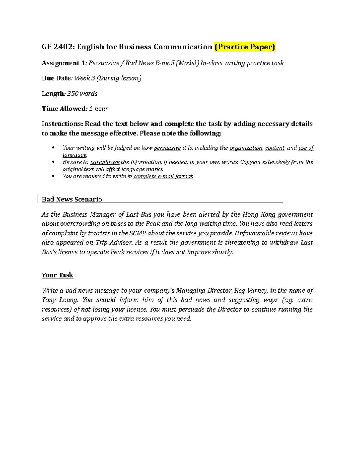 GE 2402: Persuasive Bad News Email Assignment for Last Bus Scenario ...