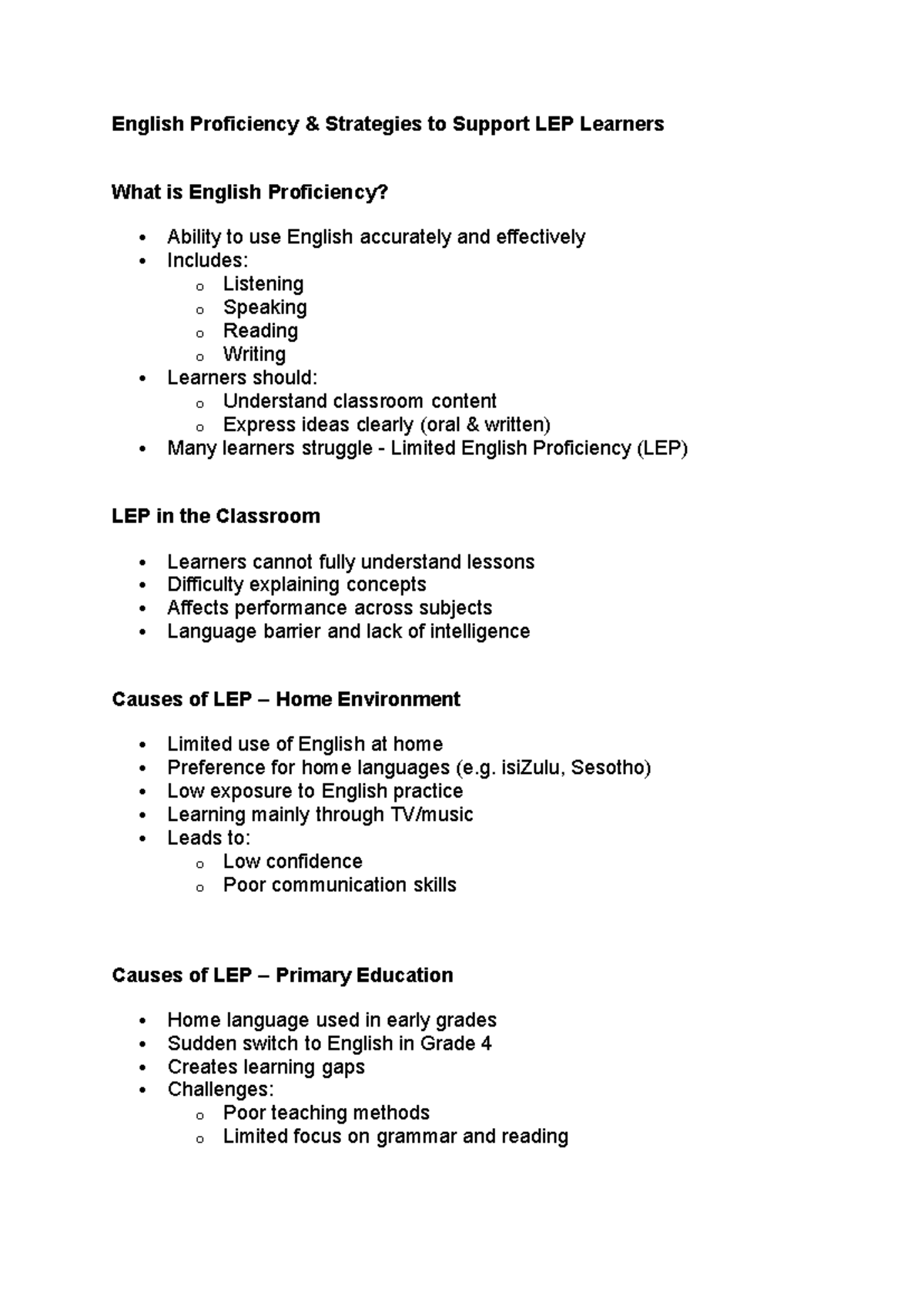 English Proficiency Strategies for Supporting LEP Learners (EDU 101 ...