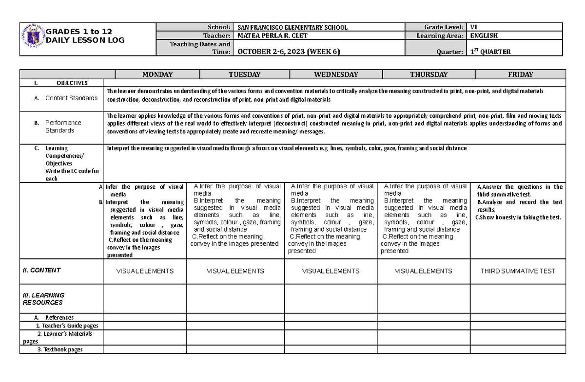 DLL English 6 Q1 W6 - Daily Lesson Log Overview and Activities - Studocu