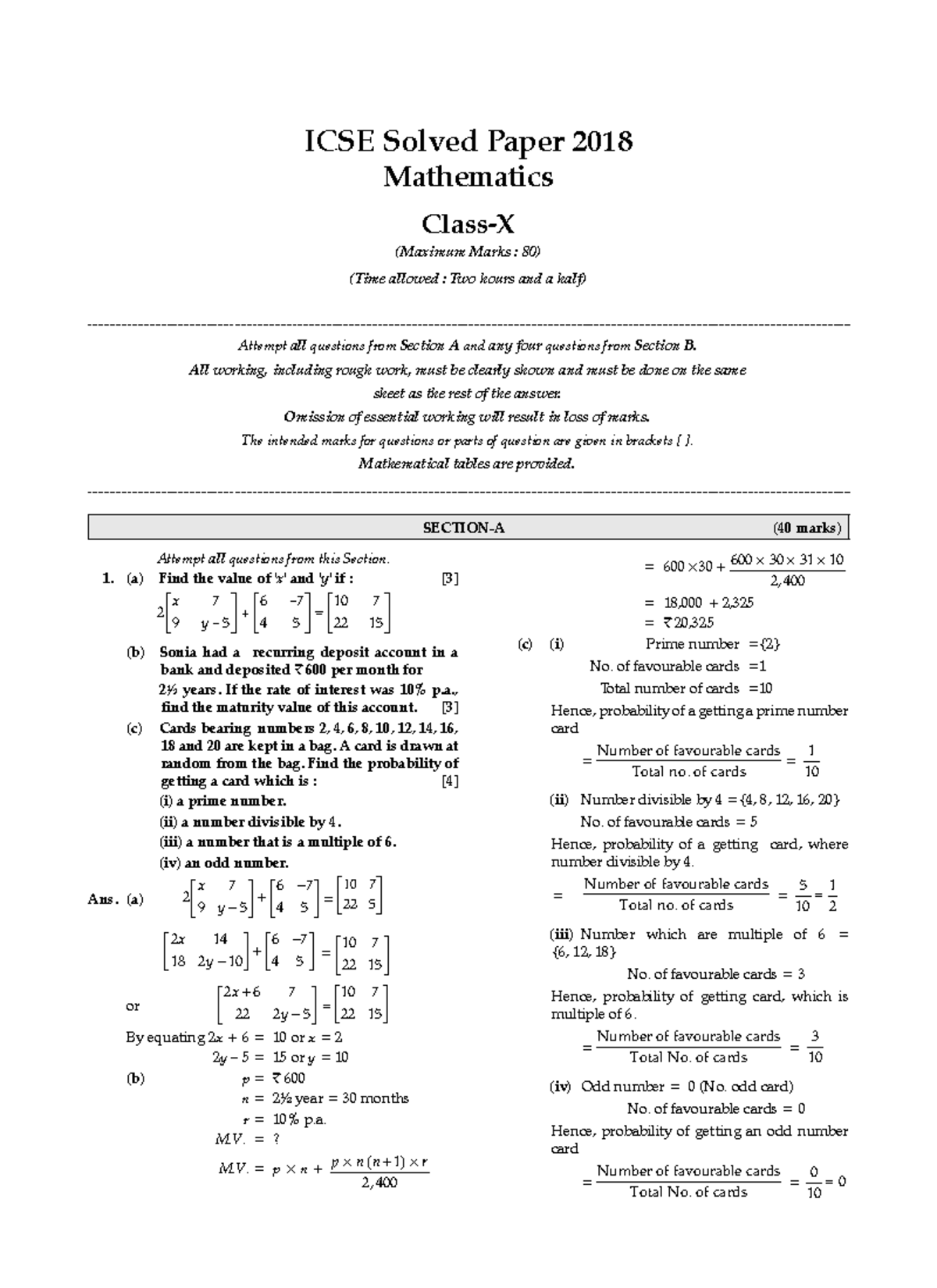 ICSE Class X Mathematics Solved Paper 2018 (Max Marks: 80) - Studocu