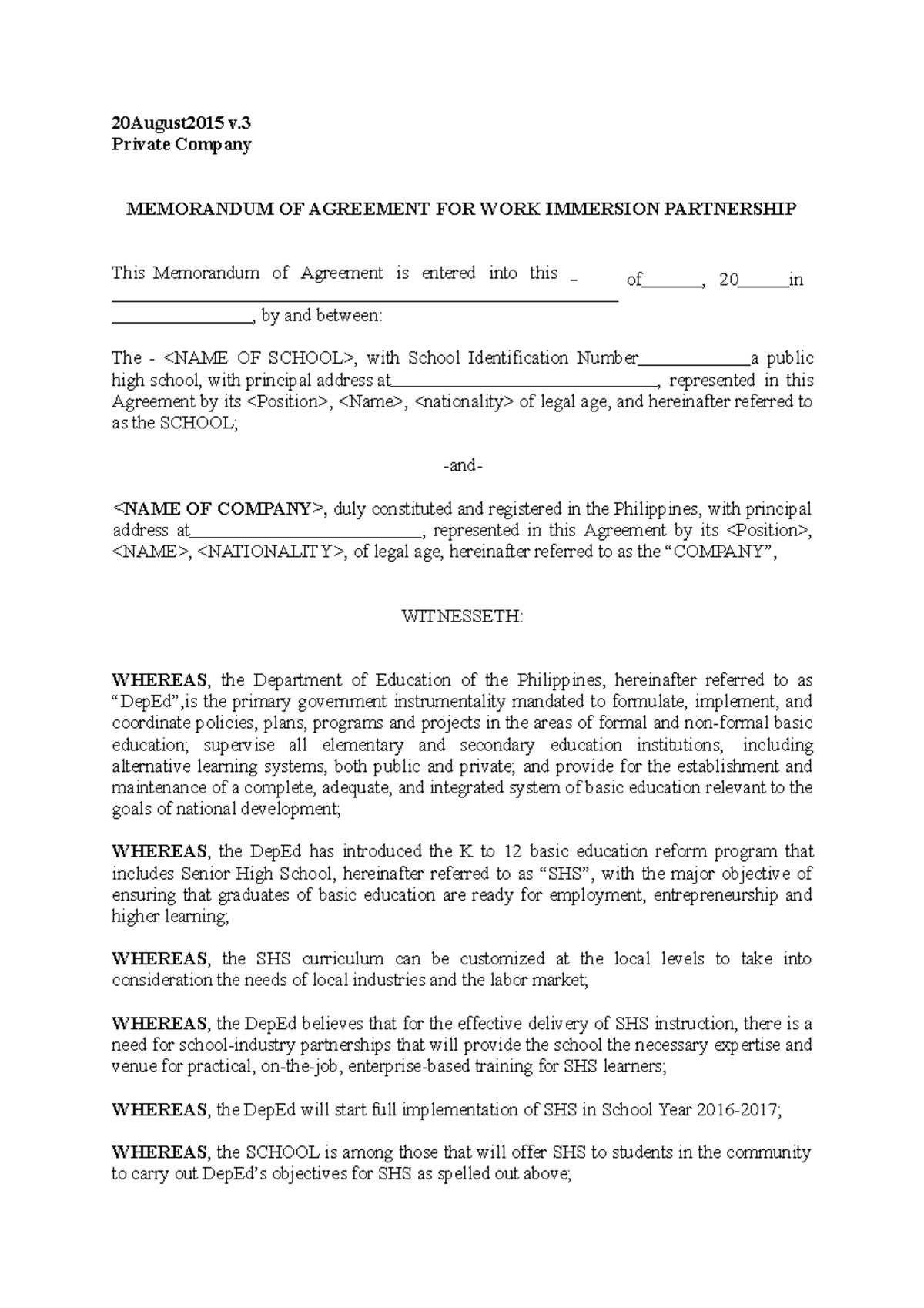 MOA Template for Work Immersion with Private Company - MAD - Studocu