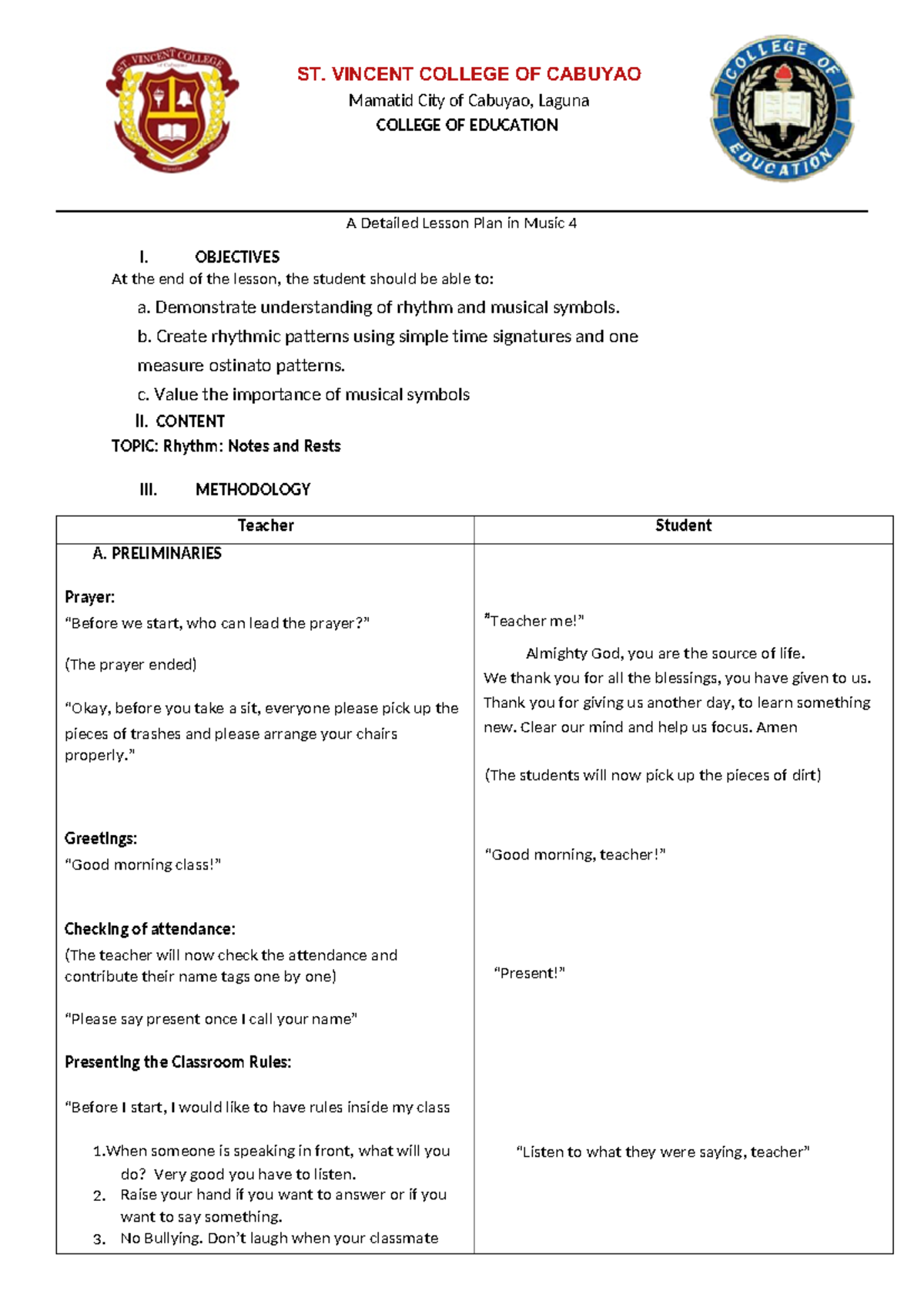 Detailed Lesson Plan: Rhythm in Music 4 (MUSIC 101) - Studocu