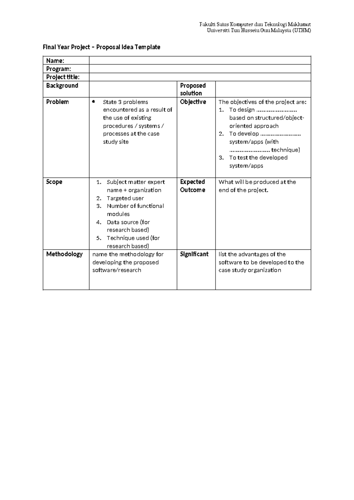 FYP Proposal Idea Template for CSIT Course at UTHM - Studocu