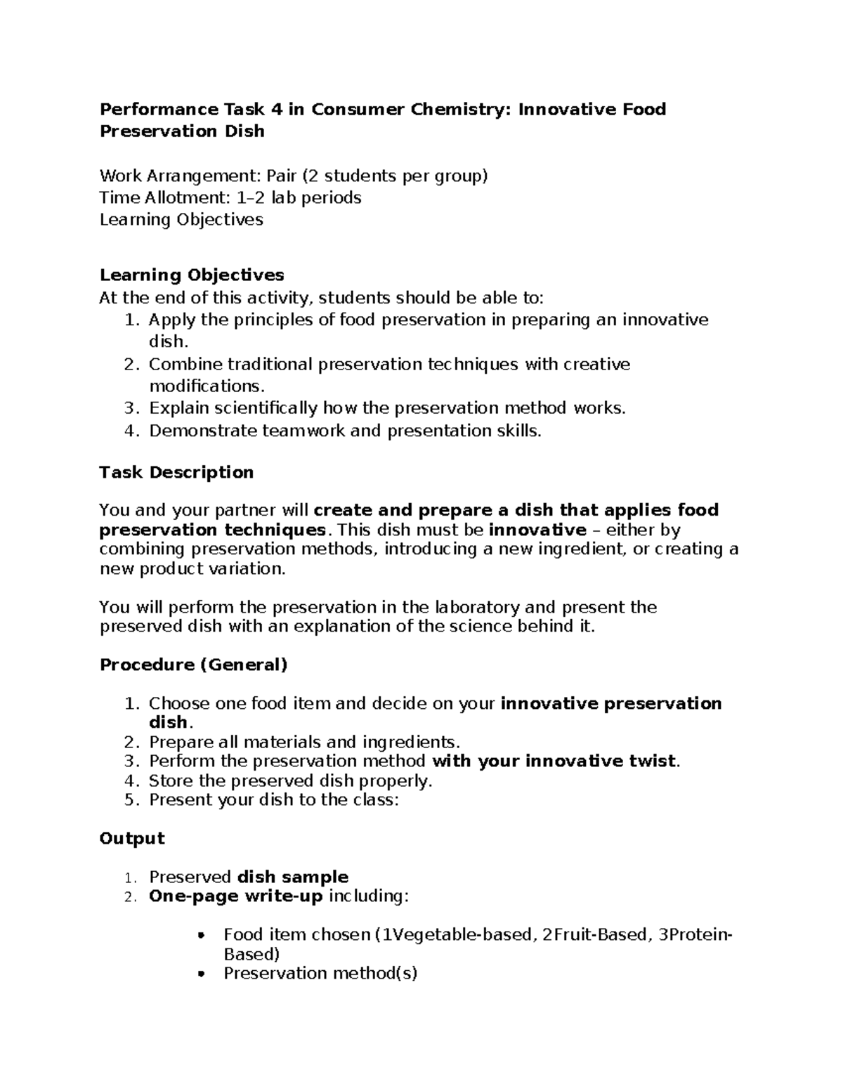 Performance Task 4: Innovative Food Preservation in Consumer Chemistry ...