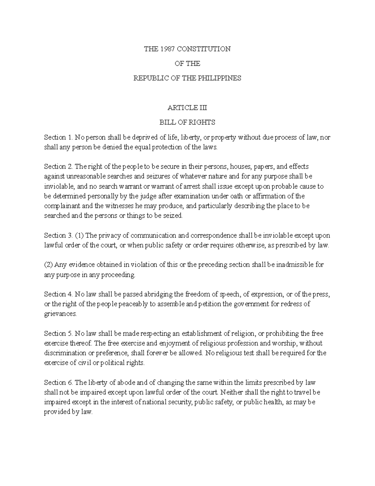 Article 3: Bill of Rights - 1987 Constitution of the Philippines - Studocu