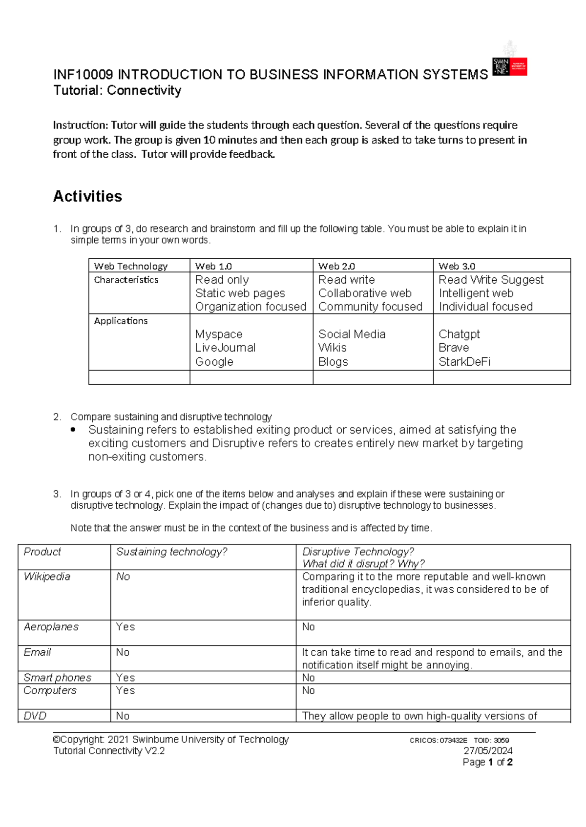IBIS Lab work 101 - INF10009 INTRODUCTION TO BUSINESS INFORMATION ...