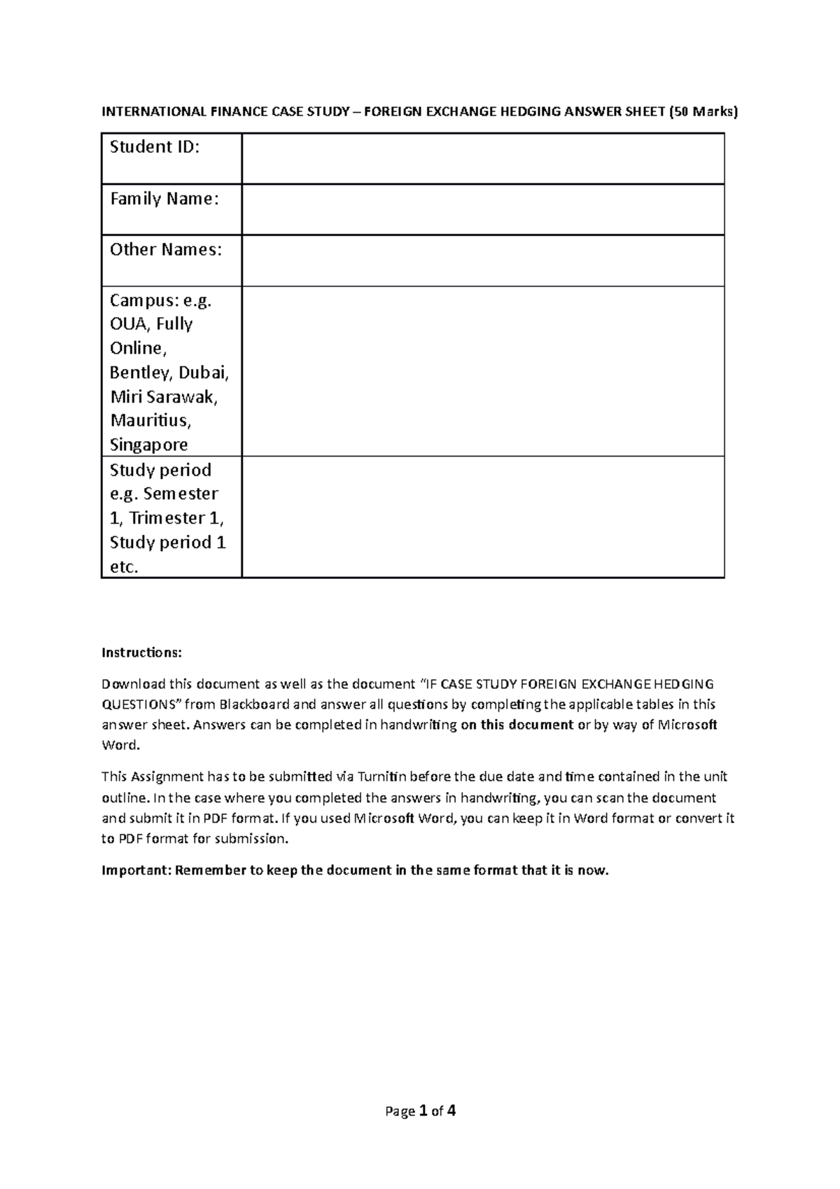 IF CASE Study Foreign Exchange Hedging Student Answer Sheet ...