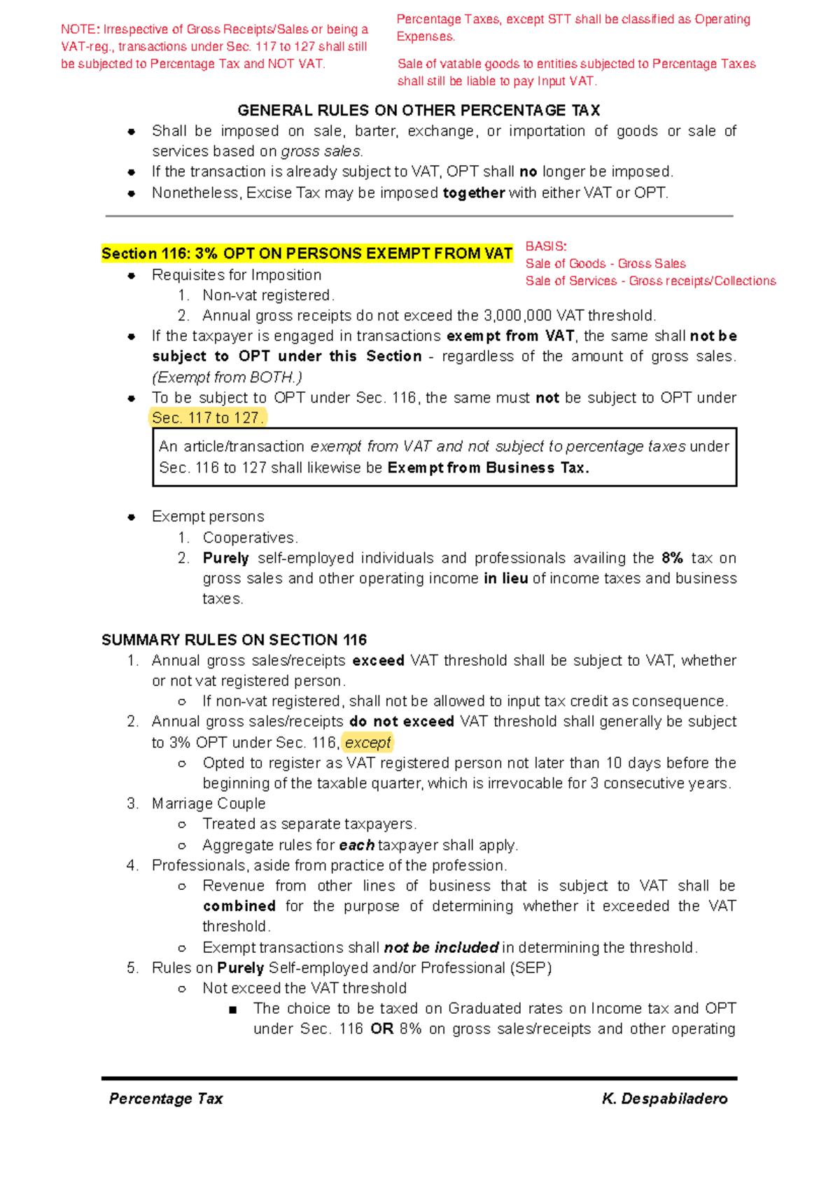 Percentage Taxes Overview: Key Sections and Rules - Studocu