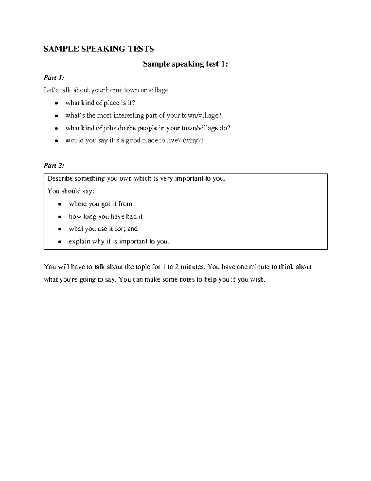 Speaking B1 Practice Tests: Sample Speaking Test 1 - Studocu