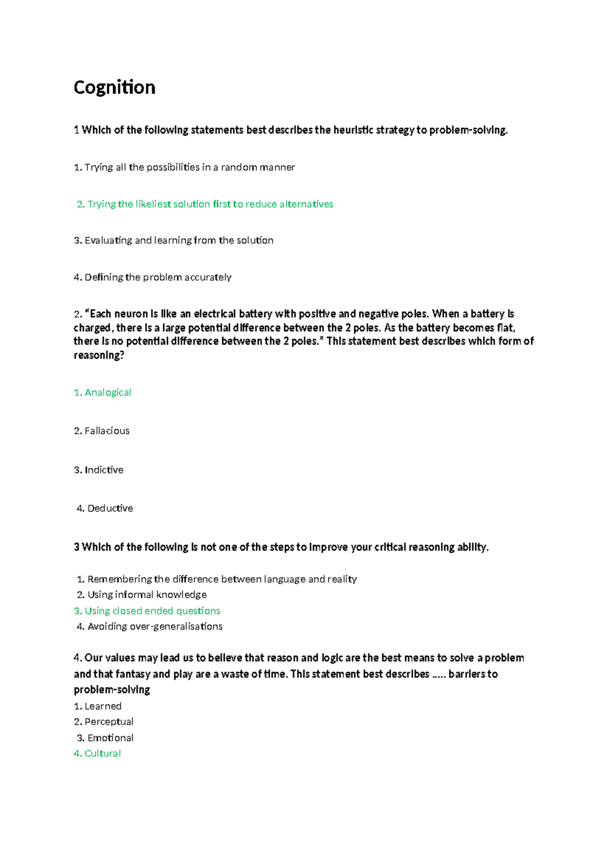 Cognition 1: Heuristics, Reasoning, and Problem Solving Revision Notes ...