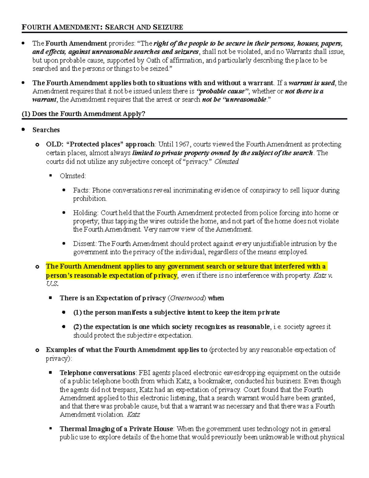 Crim Pro Outline Fall 2022 - FOURTH AMENDMENT: SEARCH AND SEIZURE The ...