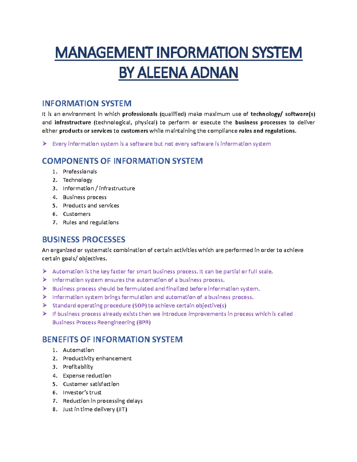 MANAGEMENT INFORMATION SYSTEMS (MIS) NOTES - ALEENA ADNAN - Studocu