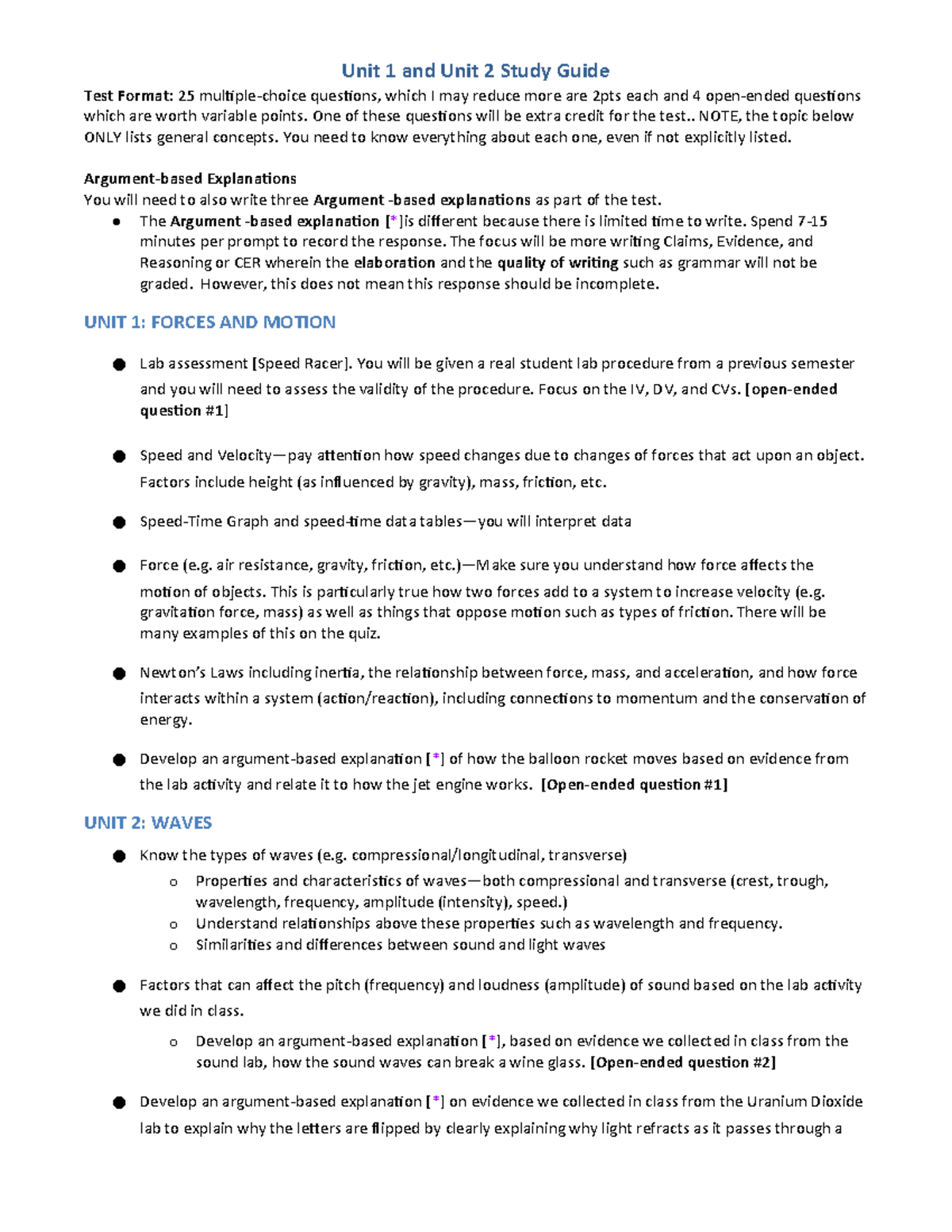 Unit 1 & 2 Study Guide: Forces, Motion, and Waves Concepts - Studocu