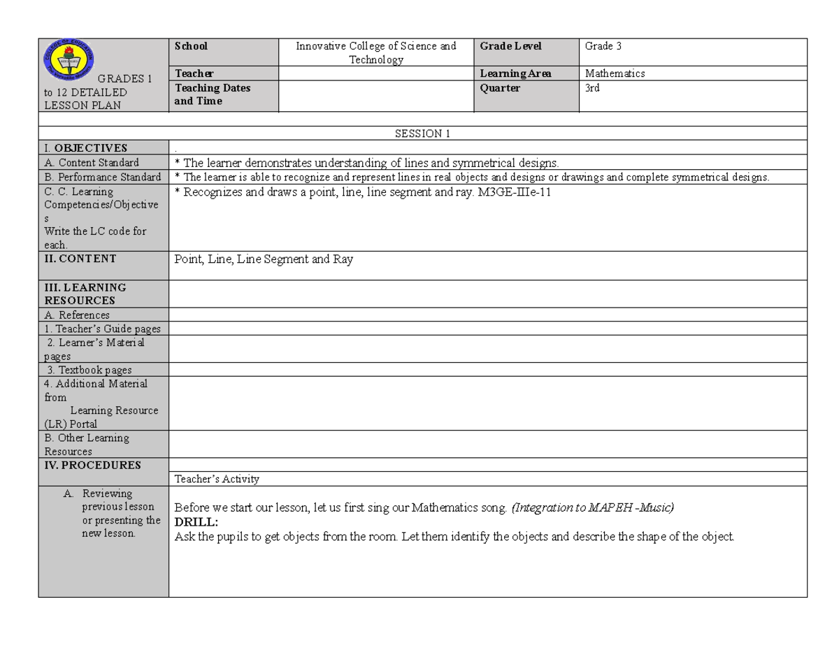 Math lp - Notes - GRADES 1 to 12 DETAILED LESSON PLAN School Innovative ...