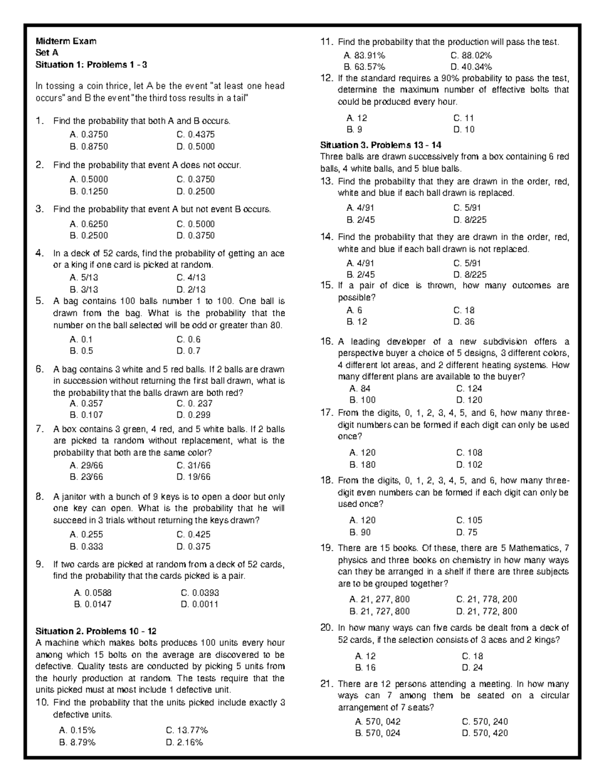 Midterm CE208 SET A - Practice - Midterm Exam Set A Situation 1 ...