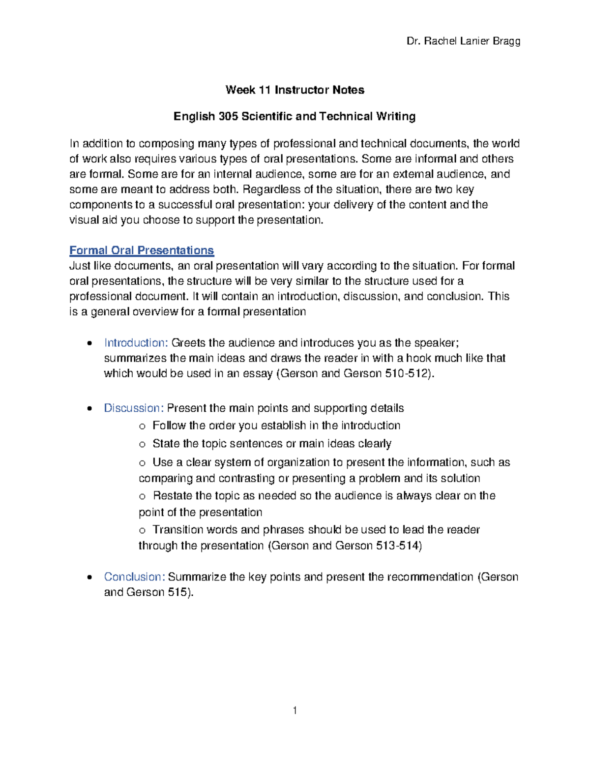 English 305 Week 11 Instructor Notes on Oral Presentations - Studocu