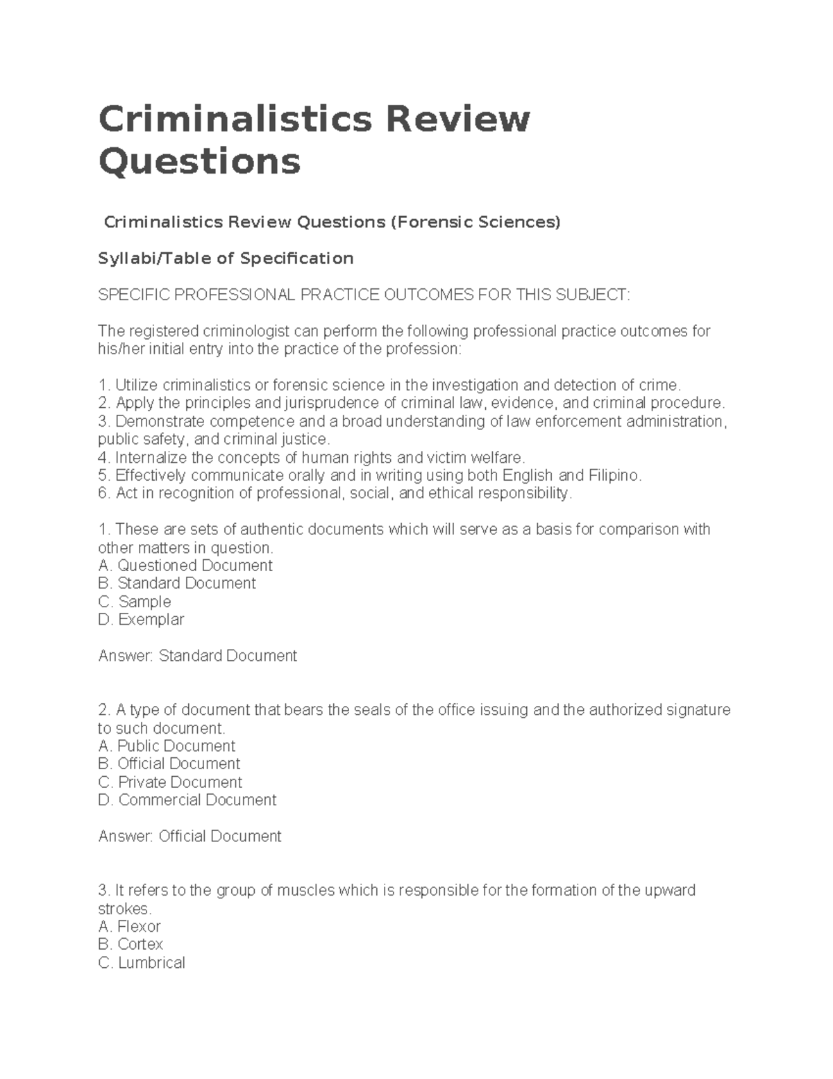 Criminalistics Review Questions for Forensic Sciences (Final Exam ...