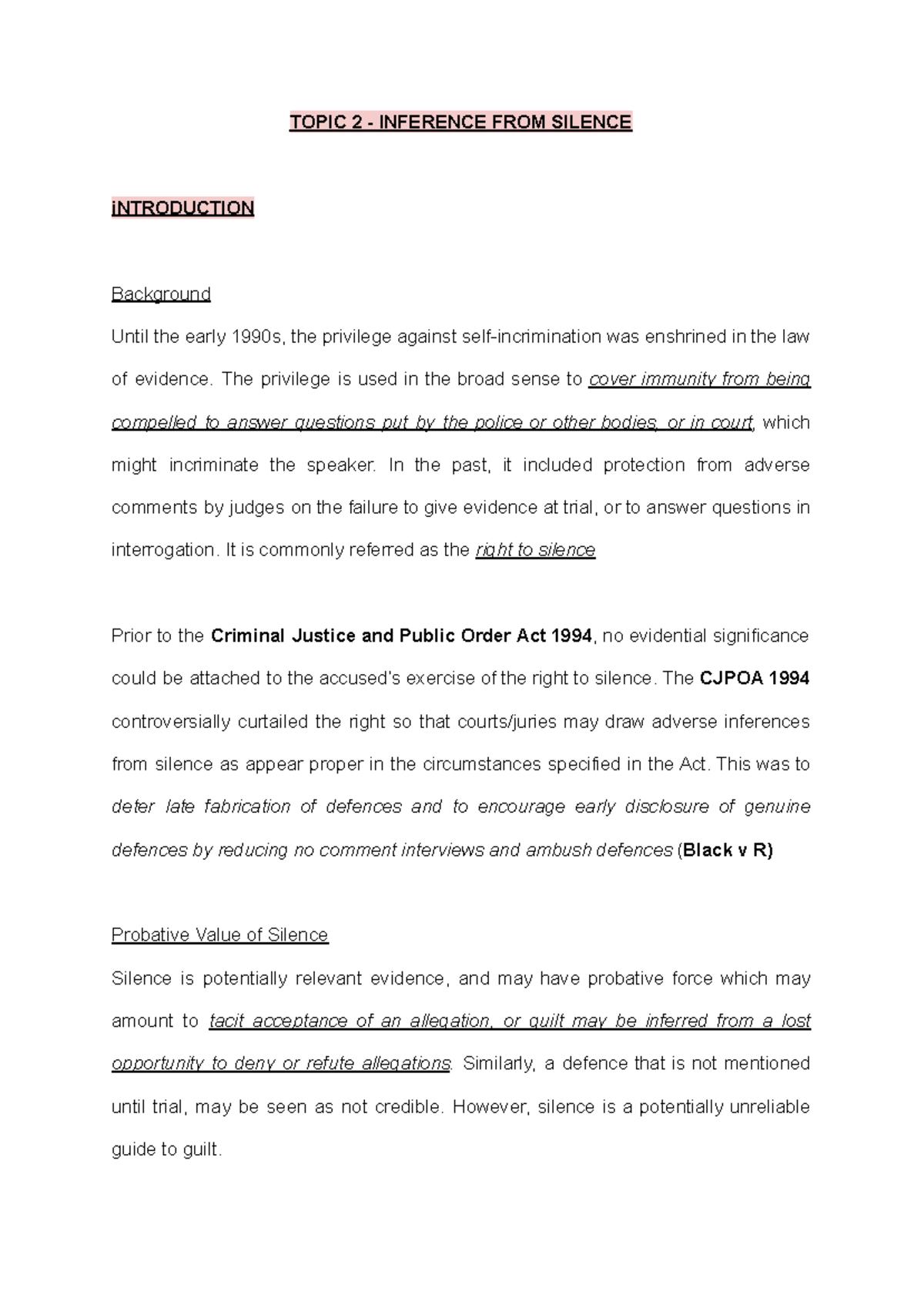 Evidence - Inference from Silence: Understanding the Right to Silence ...
