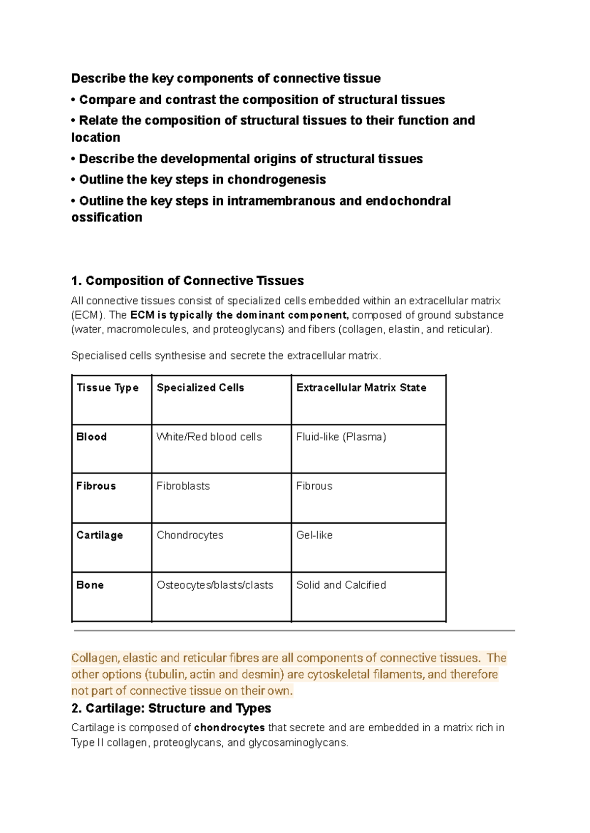 Lecture Notes on Connective Tissue Composition and Development - Studocu