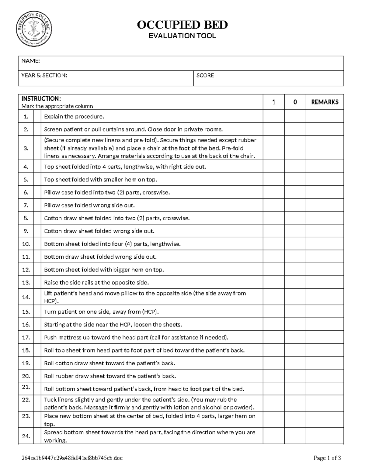 Occupied Bed Evaluation Tool: Step-by-Step Procedure Guide - Studocu