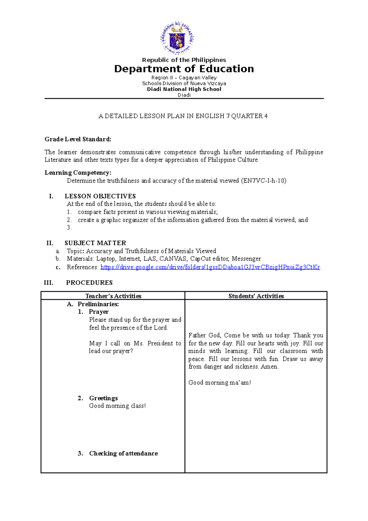 DLP2 English 7 - Detailed Lesson Plan for Grade 7 Learners - Q4 - Studocu