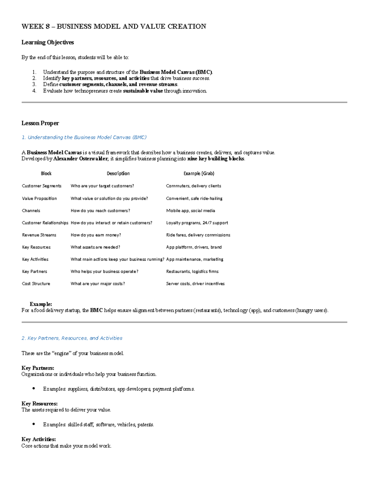 WEEK 8: Business Model & Value Creation - Lesson Overview - Studocu