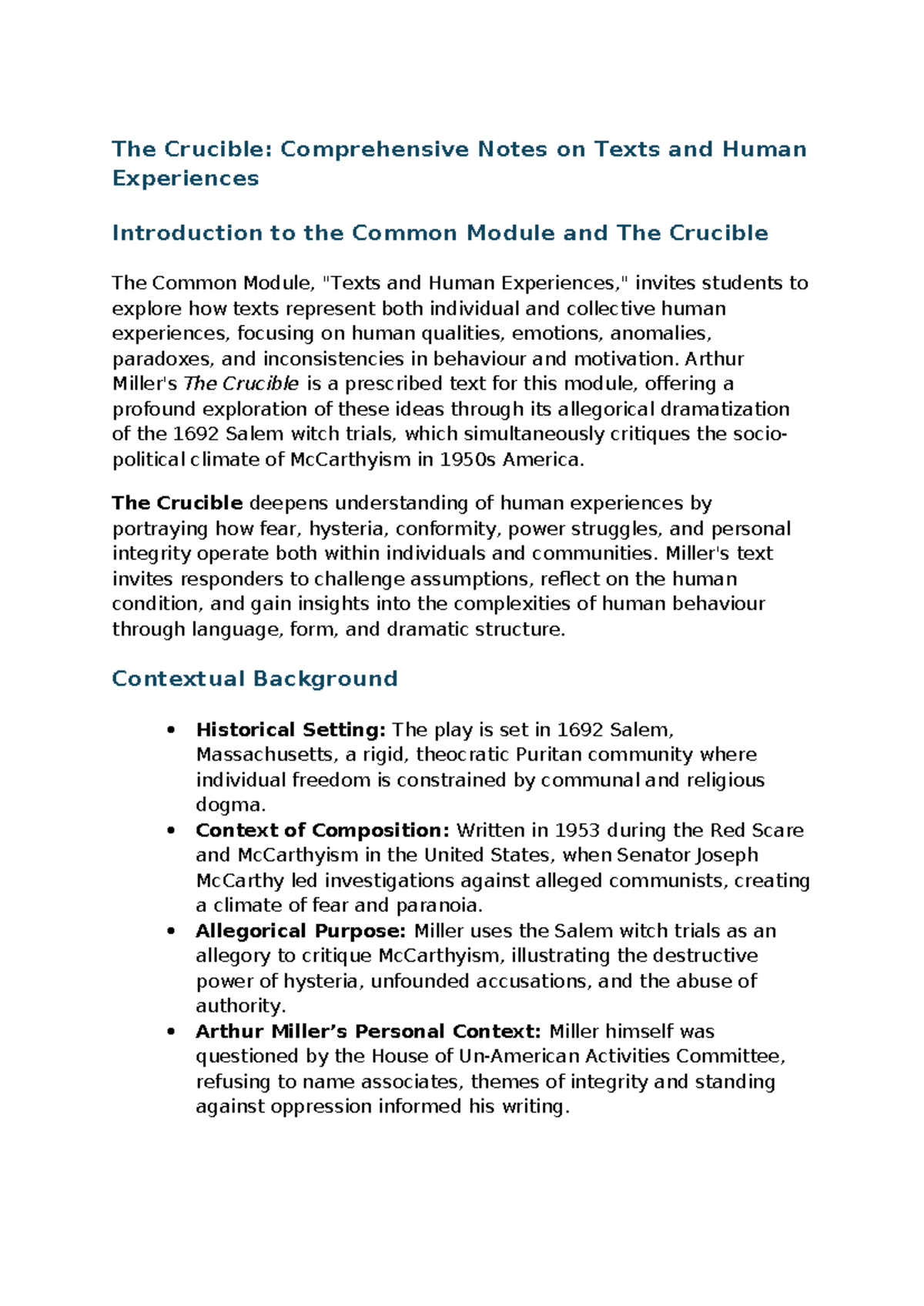 The Crucible (ENG123): In-Depth Notes on Human Experiences and Themes ...