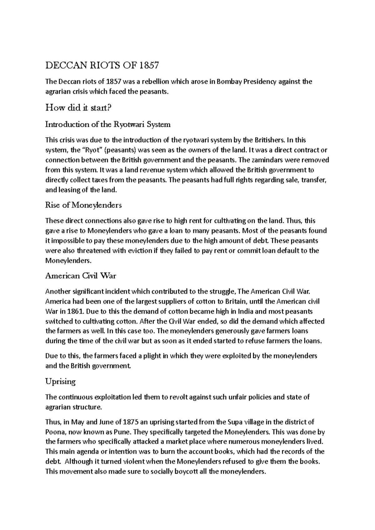 Deccan Riots of 1857: Causes, Uprising, and Impact - Notes - Studocu