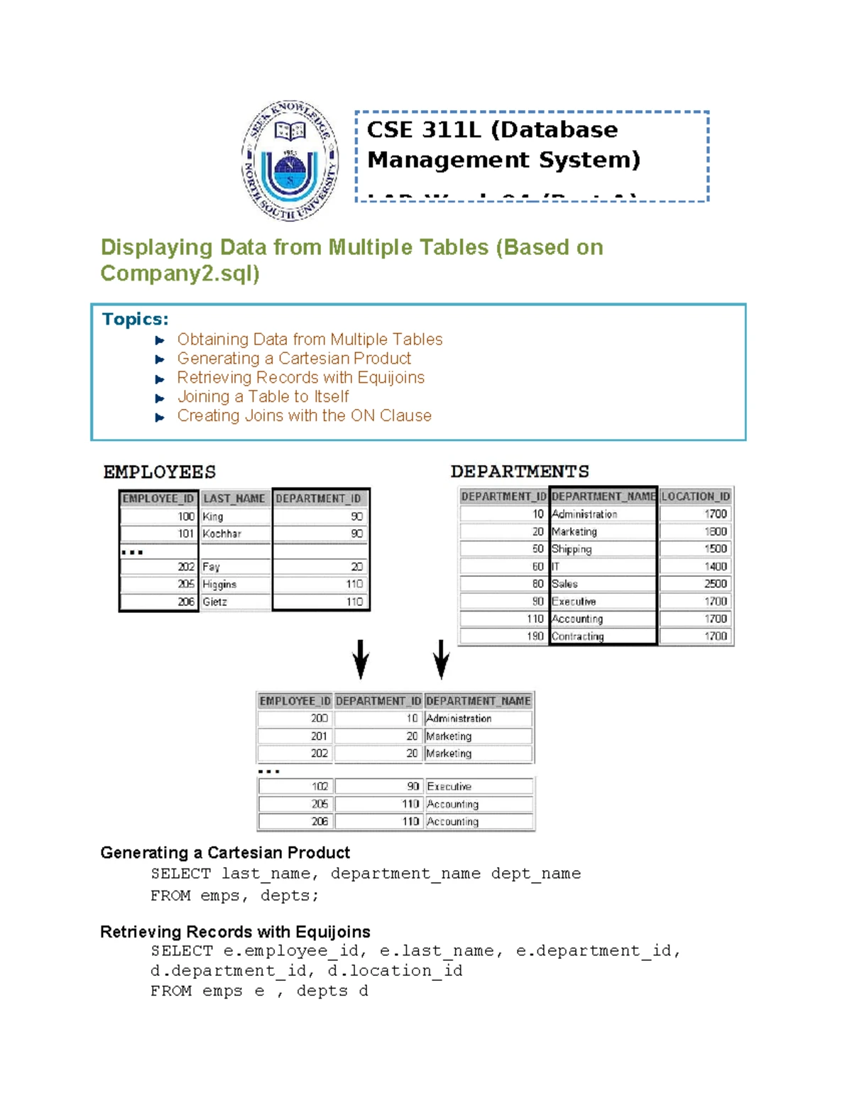 CSE 311L - Week 2: Basic SQL SELECT Statements and Queries - Studocu