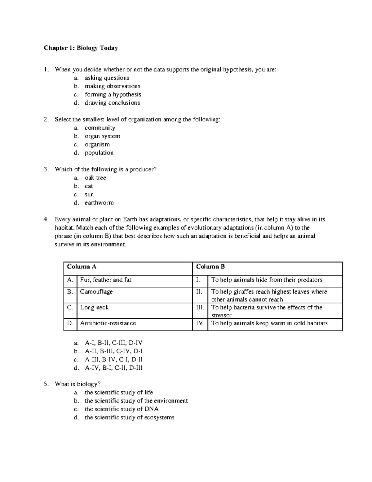 BIO 101: Exam 1 Practice Questions with Answers - Biology Today - Studocu