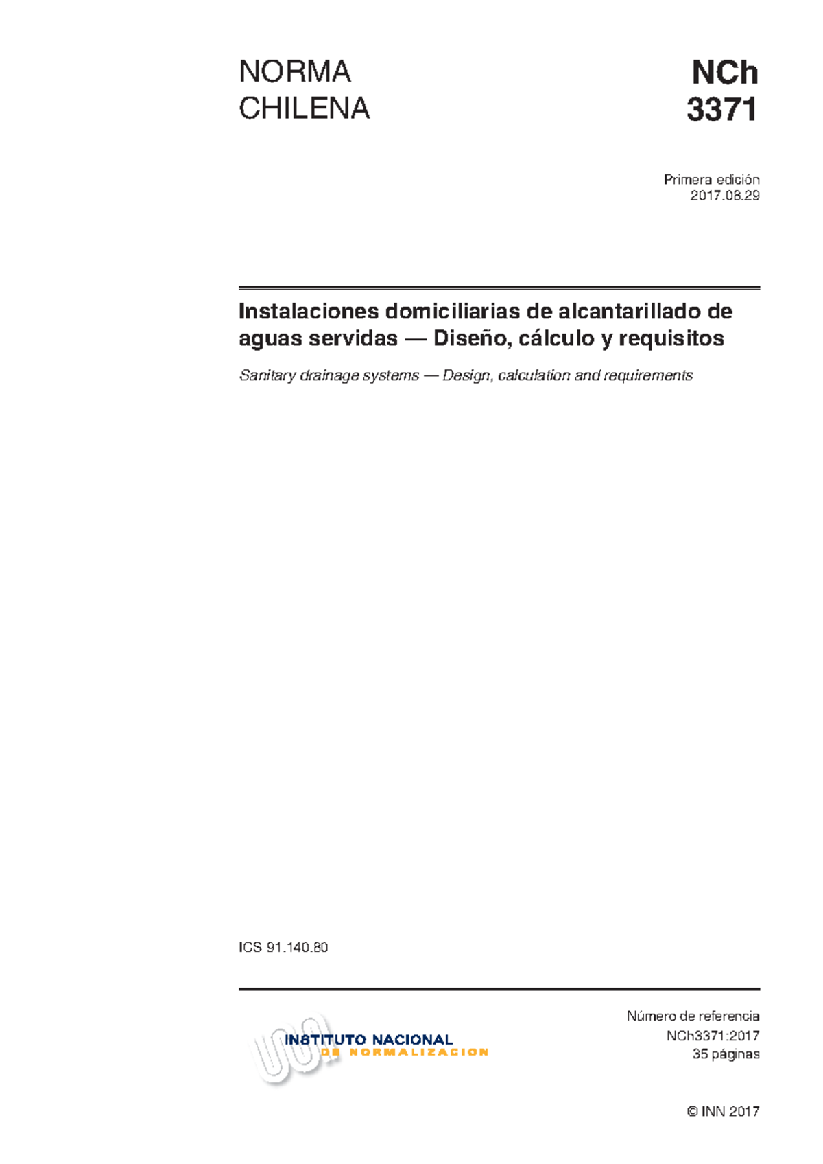 NCh 3371: Instalaciones Domiciliarias de Alcantarillado - Diseño 2017 - Document Preview