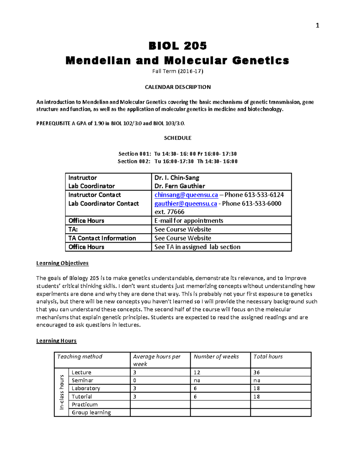 BIOL 205 Syllabus: Introduction to Mendelian & Molecular Genetics - Studocu