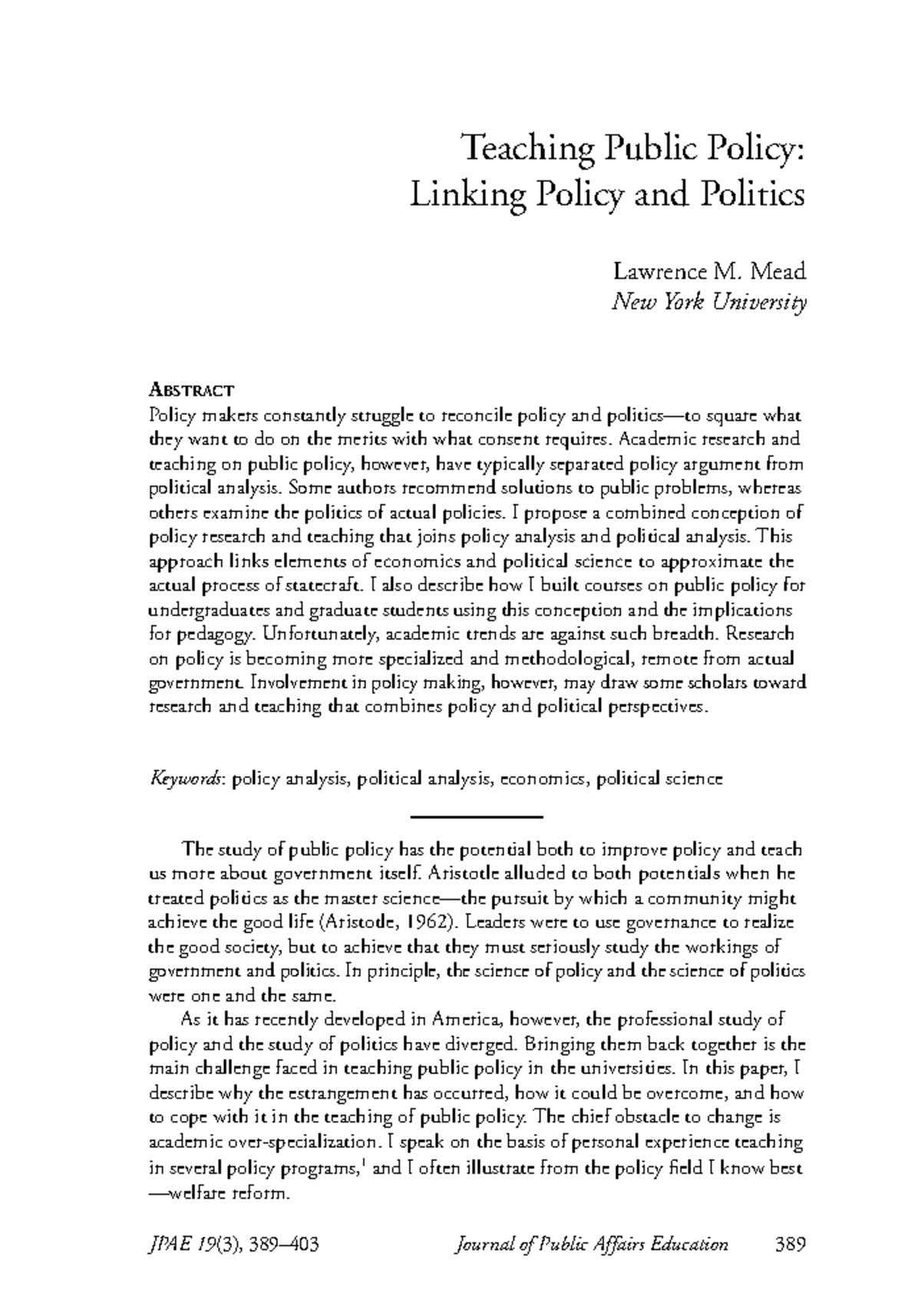 Teaching Public Policy: Integrating Policy and Politics in Academia ...