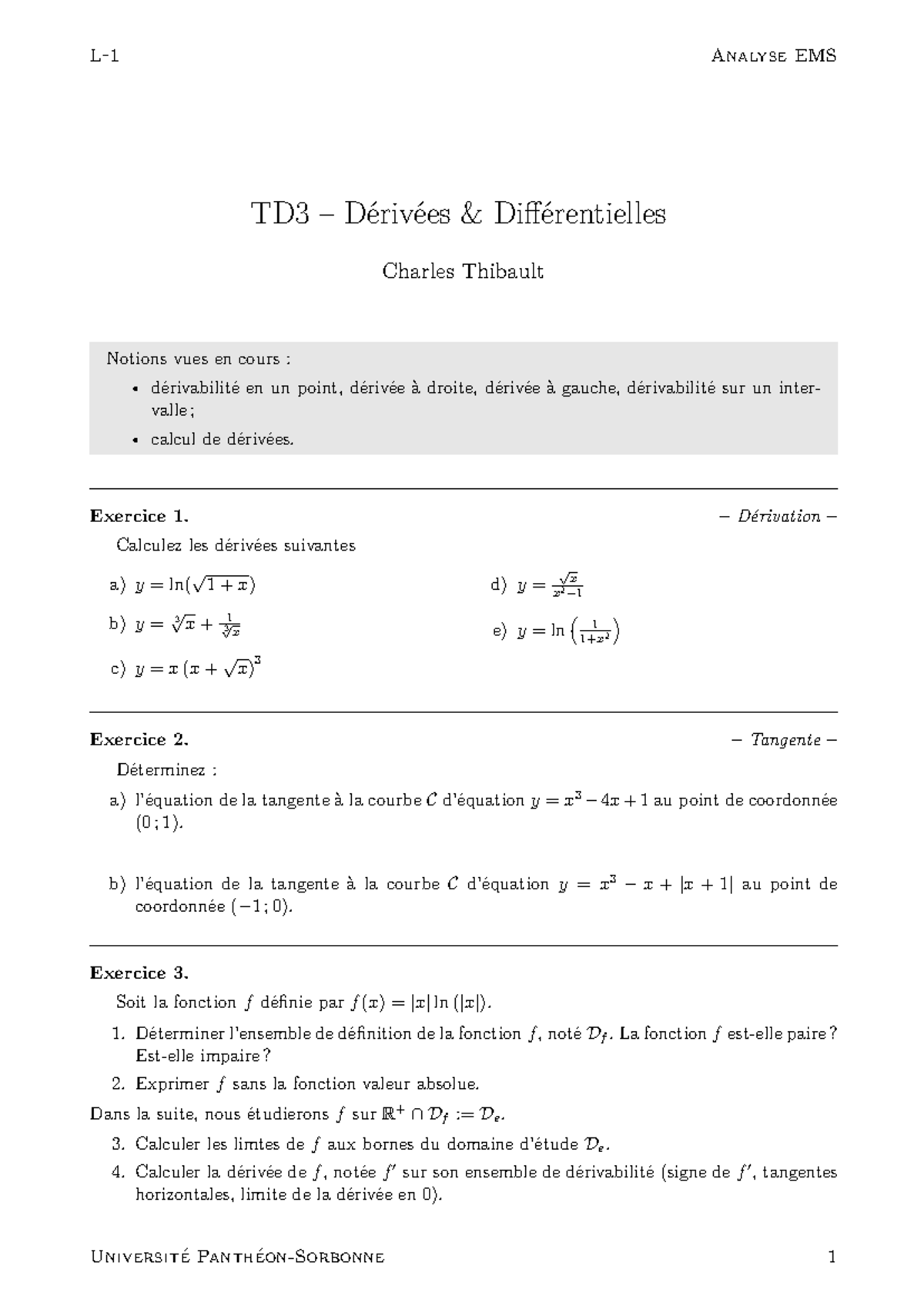 TD3 Analyse des Dérivées Différentielles - Notions et Exercices - Studocu