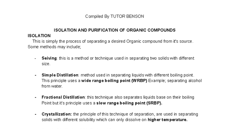 CHM 102 Isolation and Purification of Organic Compounds Notes - Studocu