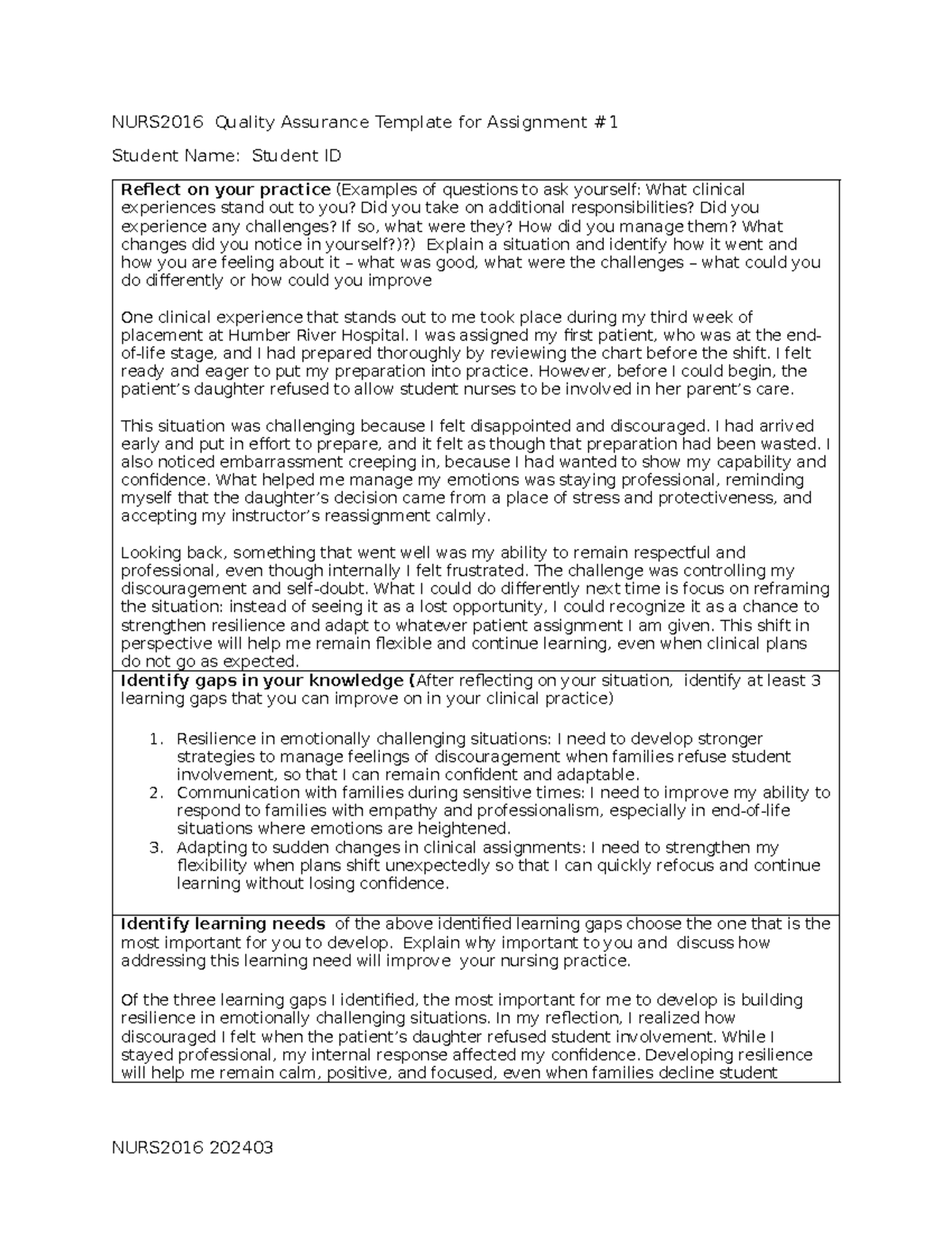NURS2016 Quality Assurance Reflection and Learning Plan Assignment ...