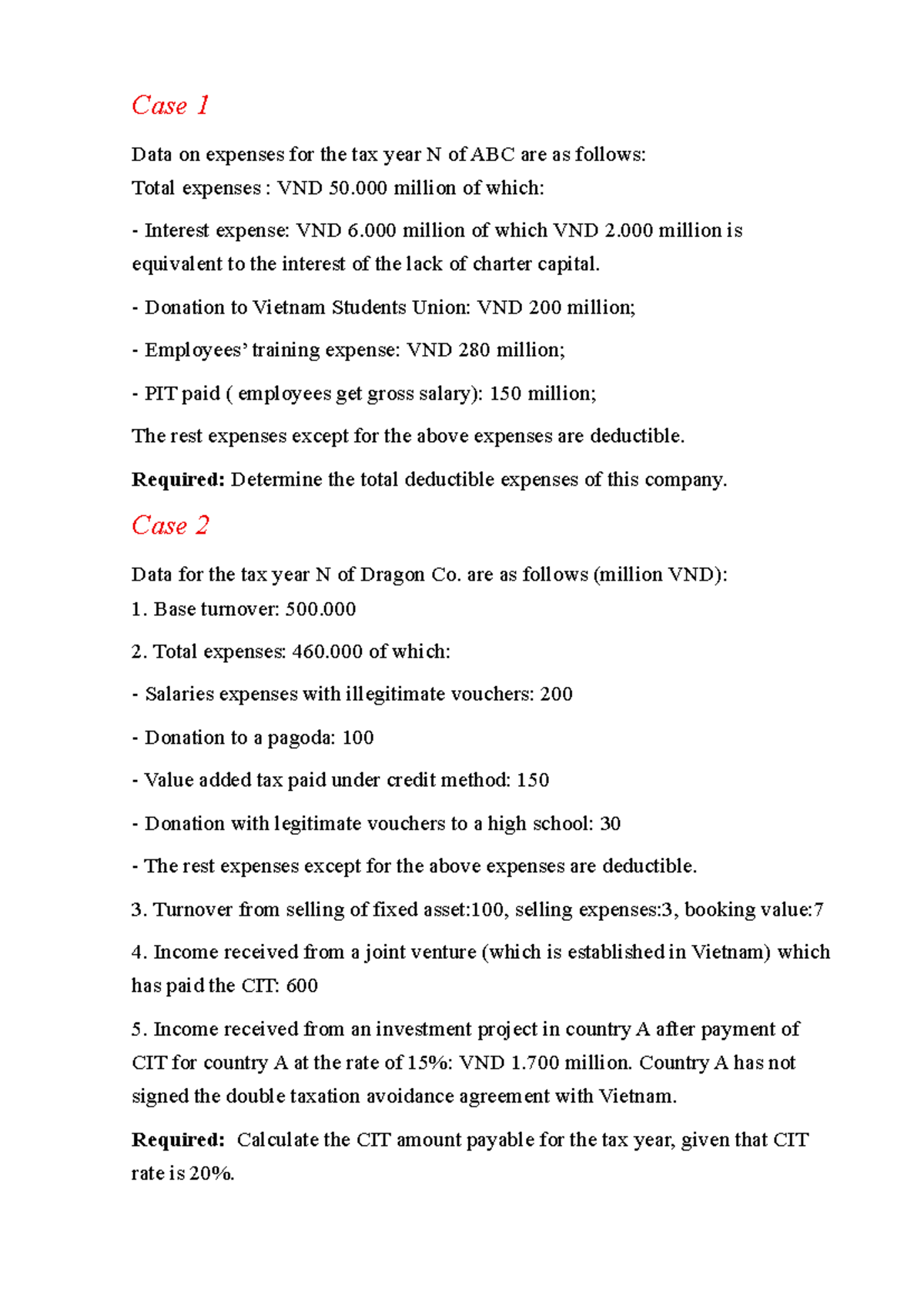Case Study CIT Calculation for Tax Year N - Studocu