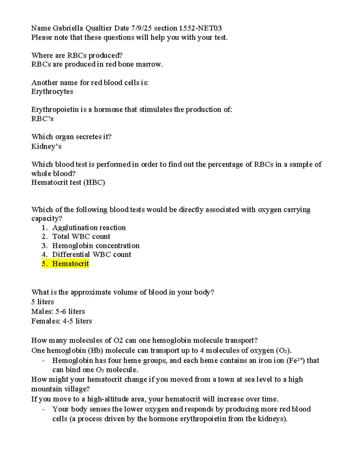 Homework Blood Su 2025 - Lecture Worksheet on RBCs and WBCs - Studocu