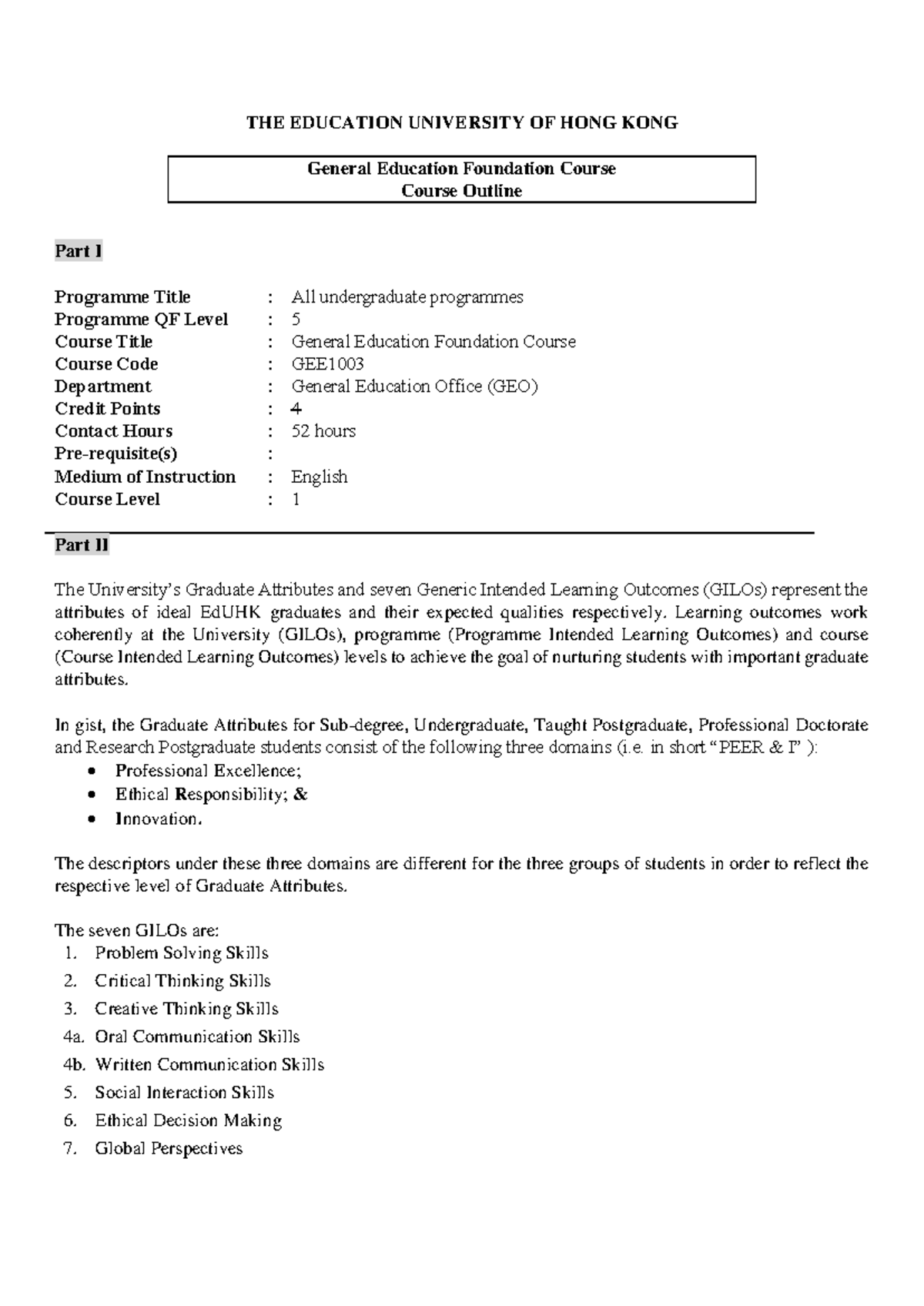 GEE1003 General Education Foundation Course Outline 20240628 - Studocu